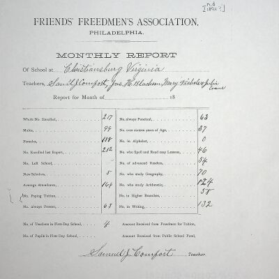 Samuel Comfort, principal, Monthly Report, undated