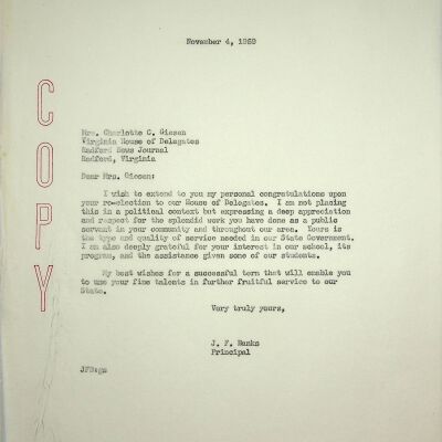 John F. Banks Correspondence: Charlotte C. Giesen November, 1959