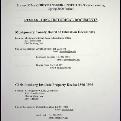 Spring 2000 Historic Research Projects: Montgomery County Board of Education and CI Property Deeds