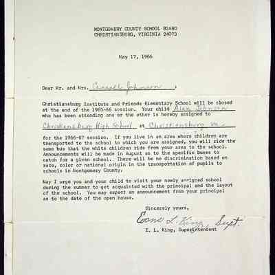 Letter For Christiansburg Institute Closing, 1966