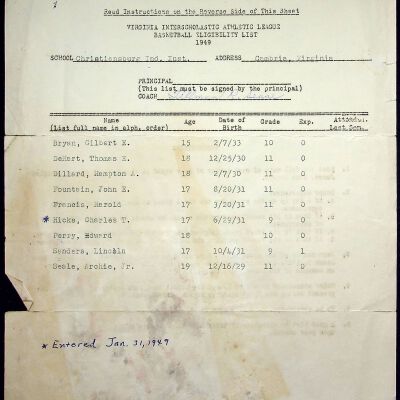 Virginia Interscholastic Athletic League Basketball Eligibility List, 1949