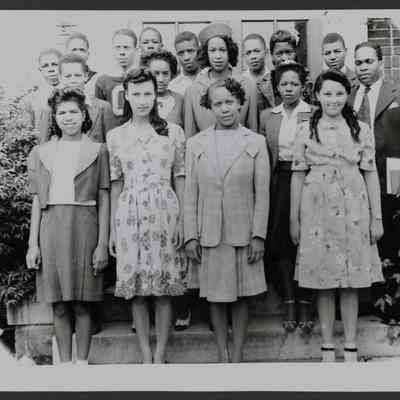 Photograph, CI students on steps in front of double doors, 1945