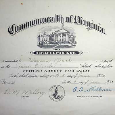 Piney Woods School, Neither Absent nor Tardy certificate, 1930 Waymon Pack