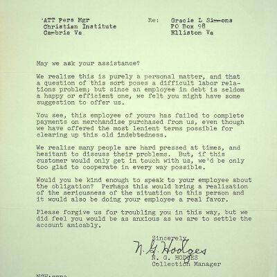 John F. Banks Correspondence: Gracie l. Simmons and N. G. Hodges December, 1964