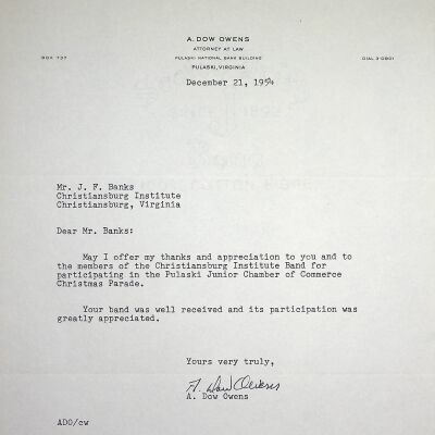 John F. Banks Correspondence: A. Dow Owens December, 1954