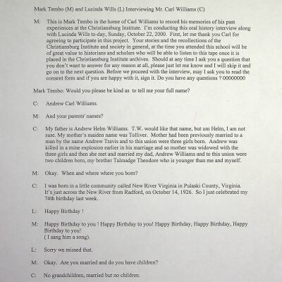 2000 Uttech Oral History Transcript, Carl Williams