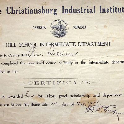 Rosa Tolliver, Hill School Intermediate Department Certificate, 1917