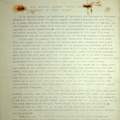 "Negro Educator Advocates Putting Teachers of Domestic Service in Public Schools", undated