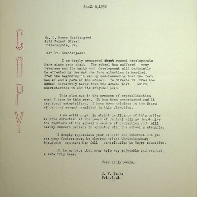 John F. Banks Correspondence: J. Henry Scattergood April, 1950