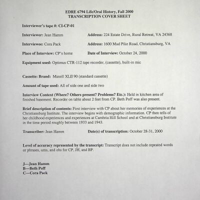 2000 Uttech Oral History Transcript, Cora Pack