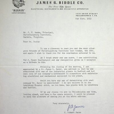 John F. Banks Correspondence: J. Robert James May, 1953