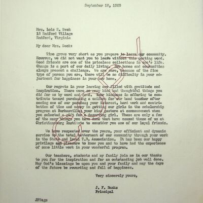 John F. Banks Correspondence: Lois Deck September, 1959