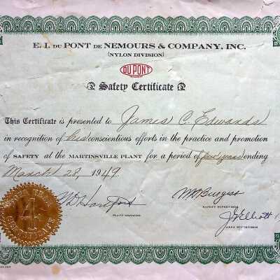 James C. Edwards, Dupont Safety Certificate, 1949