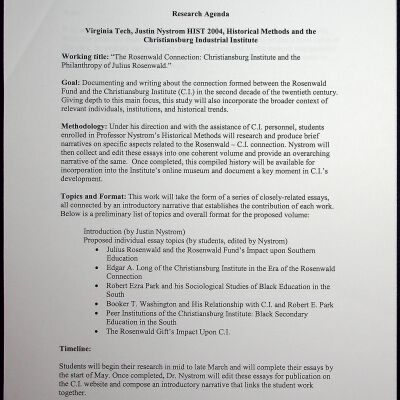 H2004-CI Info, "The Rosenwald Connection: Christiansburg Institute and the Philanthropy of Julius Rosenwald"