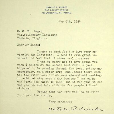 John F. Banks Correspondence: Natalie B. Kimber May, 1954