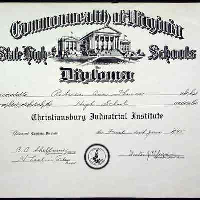 Christiansburg Industrial Institute Diploma for Rebecca Ann Thomas, 1945