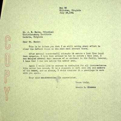 John F. Banks Correspondence: Gracie L. Simmons July, 1964