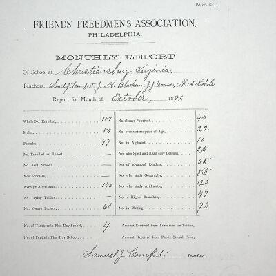Samuel Comfort, principal, Monthly Report, 1891-1892