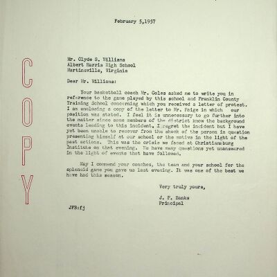 John F. Banks Correspondence: Clyde S. Williams February, 1957