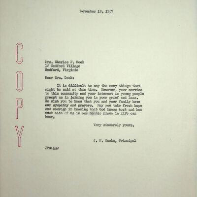 John F. Banks Correspondence: Mrs. Lois Deck November, 1957