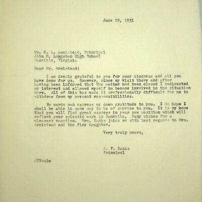 John F. Banks Correspondence: R. L. Armistead June, 1951