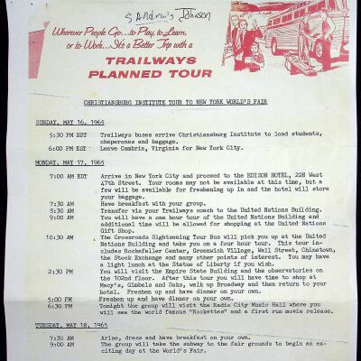 Christiansburg Institute Tour to New York World's Fair Itinerary, 1965