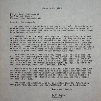 John F. Banks Correspondence: J. Henry Scattergood January 1949