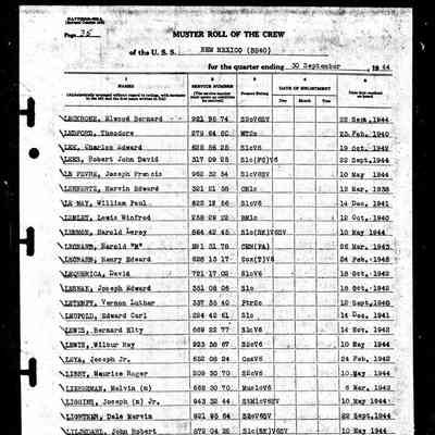 US Navy Muster Roll, USS New Mexico, September 1944