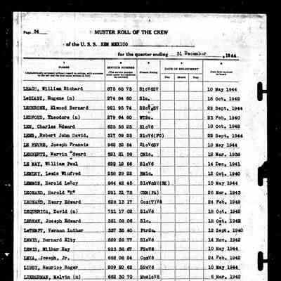 US Navy Muster Roll, USS New Mexico, December 1944