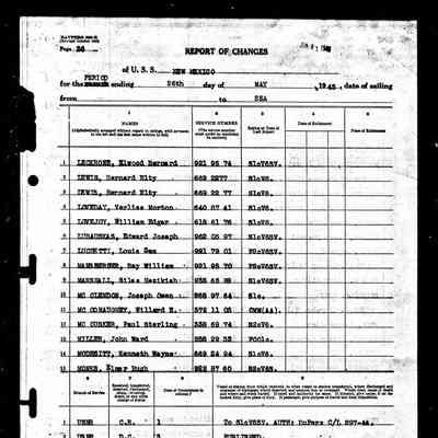 US Navy Muster Roll, USS New Mexico, May 1945: Report of Changes