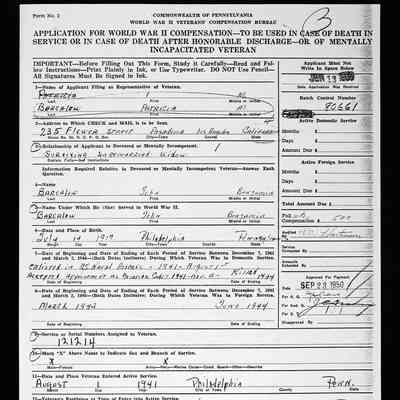 Application for WWII Compensation, front: Note: the relation to wife located in California, where the bracelet was purchased.