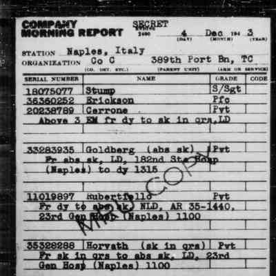 December 1943, morning reports. sent to sick bay