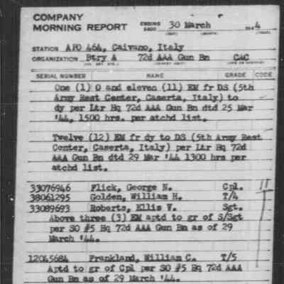 Company Morning Report, March 30, 1944