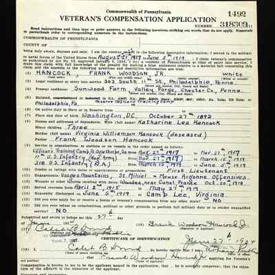 Frank W. Hancock Veterans Compensation Form, front