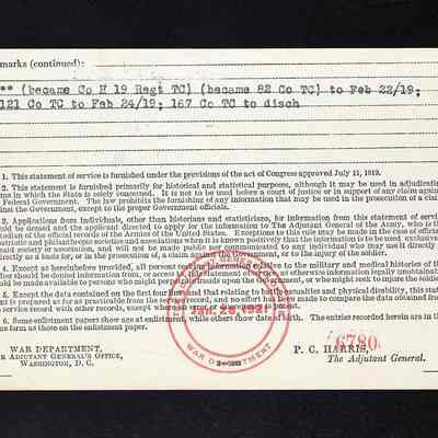 WWI Veterans and Service Compensation Form Back