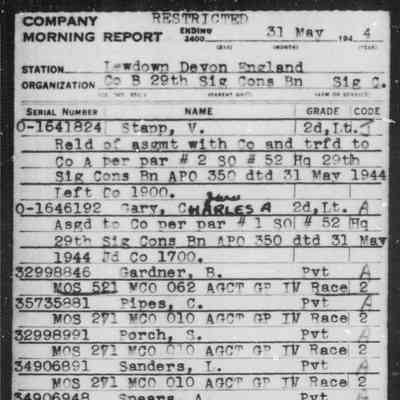Company Morning Report, May 31, 1944. Transfer to Company A