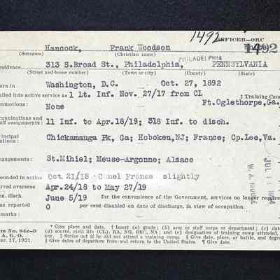 Frank W. Hancock, Veterans service card
