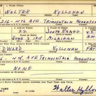 Walter Kyllonen Draft Card Front