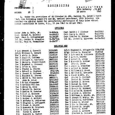 GO 20, March 22, 1945. Medical Badge award, Page 1 of 2