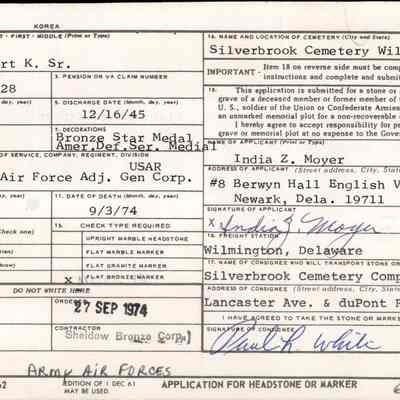 Application for headstone or marker