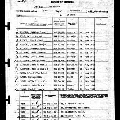 US Navy Muster Roll, USS New Mexico, September 1944: Report of Changes
