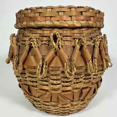 Lidded Ash Splint and Braided Sweetgrass Basket