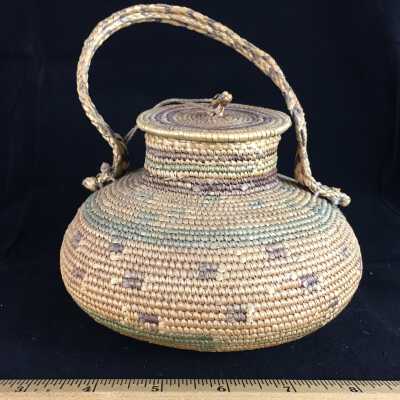 Lidded, Handled Inuit Alaskan Basket