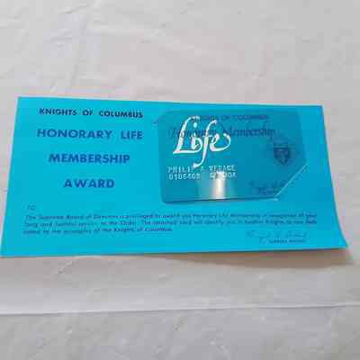 Phil Versace's Honorary Knights of Columbus Lifetime Membership Card in Original "Sleeve"