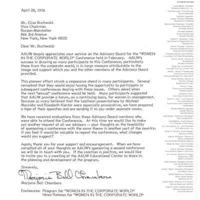 Letter by Marjorie Bell Chambers to Elias "Buck" Buchwald thanking him for his service on the Women in the Corporate World advisory board and asking advice on the feasability to repeat the conference theme in another part of the country.