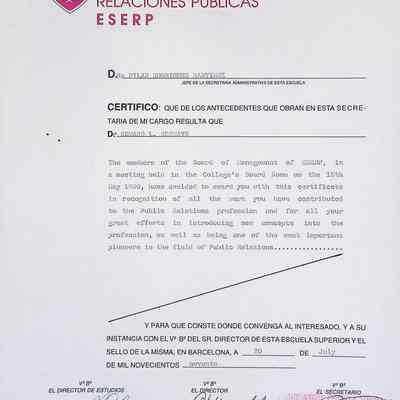 Certificate in recognition of all the work Bernays has done to contribute to the profession