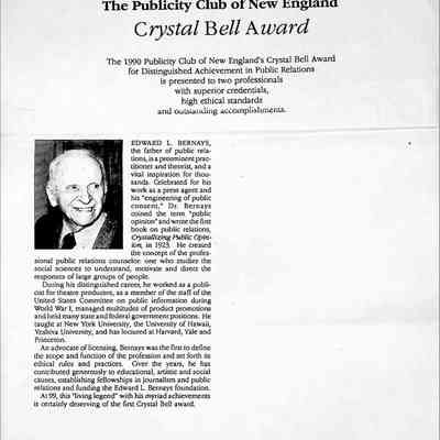 Crystal Bell Award announceement: presented to two professionals with superior credentials, high ethical standards and outstanding accomplishments