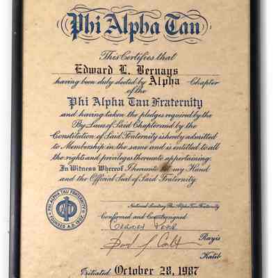 Certificate admitting Edward L. Bernays to the Phi Alpha Tau Fraternity