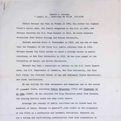 One-page typewritten bio of Edward Bernays and a one-page description of Theodore Parker