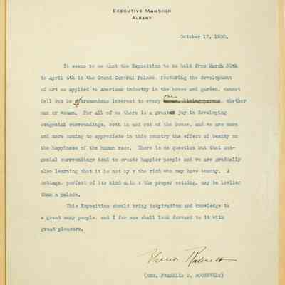 Speech prepared by Eleanor Roosevelt on the effect of beauty and congenial surroundings creating happier people; in anticipation of an exposition to be held April 4 at the Grand Central Palace.